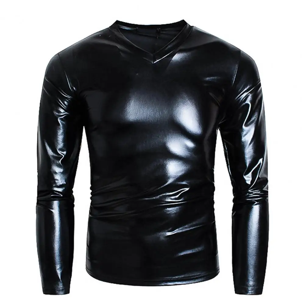 Top Trends: Men T-shirt Glossy Appearance Solid Color Long Sleeve Top V Neck Slim Fit T-shirt Nightclub Party Performance Costumes Shoppable Styles - Image 5