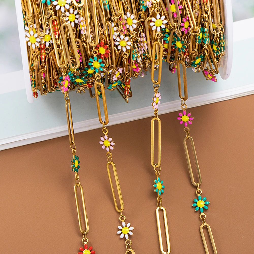 Top Trends: 1Meter Stainless Steel Chain Enamel Daisy Flower Beaded Charm Paper Clip Chains For Jewelry Making Necklace Bracelet DIY Shoppable Styles