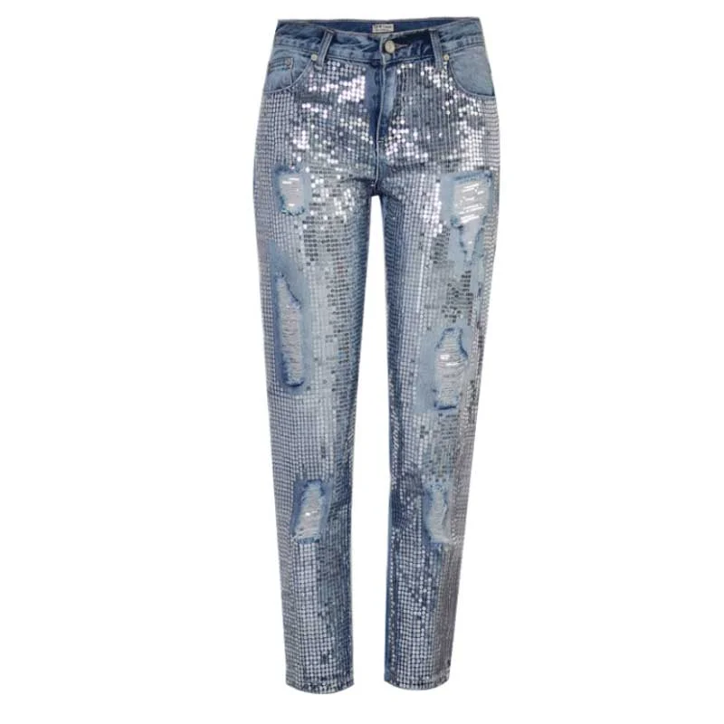 Top Trends: Women's Mid Waist Loose Nine Quarter Pants Popular Metallic Embroidered Beads Washed And Worn Out Straight Jeans Shoppable Styles