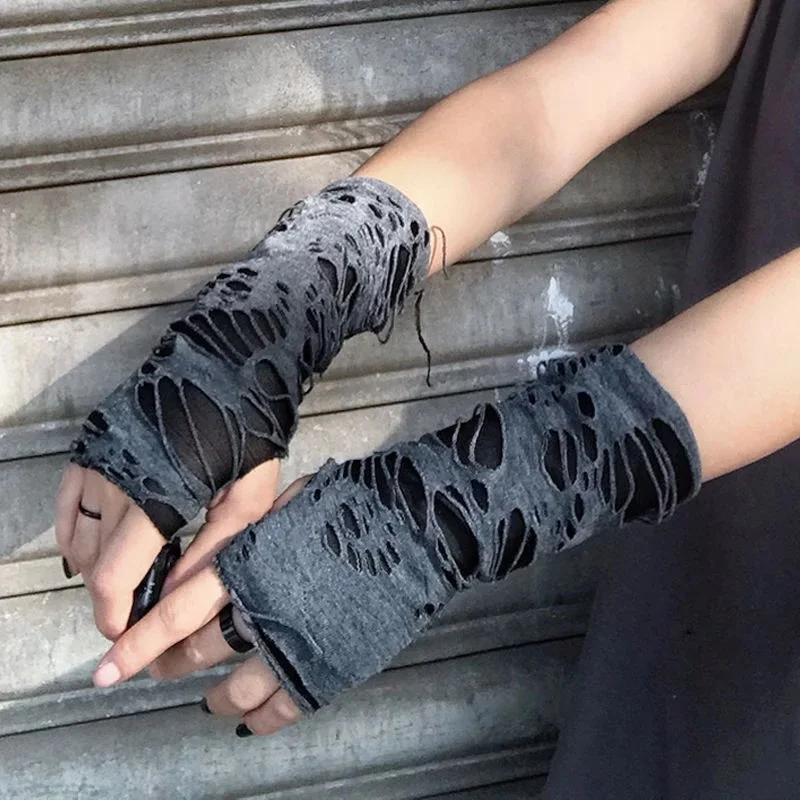 Top Trends: Punk Broken Slit Goth Gloves Y2K Accessorie EMO Fingerless Cuff Ninja Ripped Hole Decor Cosplay Mitten Halloween Out Rock Gloves Shoppable Styles