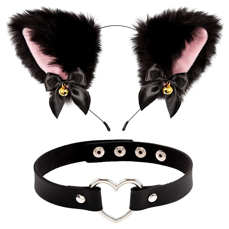 Top Trends: 2Pcs Black Cat Ear Headband With Bell Heart Chocker Necklace Girl Plush Furry Cat Ear Hair Band Women Girls Cosplay Party Dress Shoppable Styles