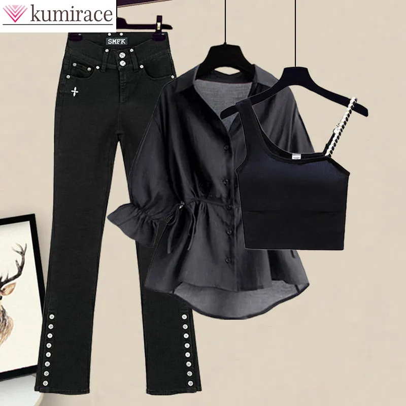 Top Trends: Drawstring Pleated Waist Wrapped Chiffon Shirt Sexy Strap Bra Black Jeans Three Piece Elegant Women&#039;s Pants Set Summer Outfits Shoppable Styles