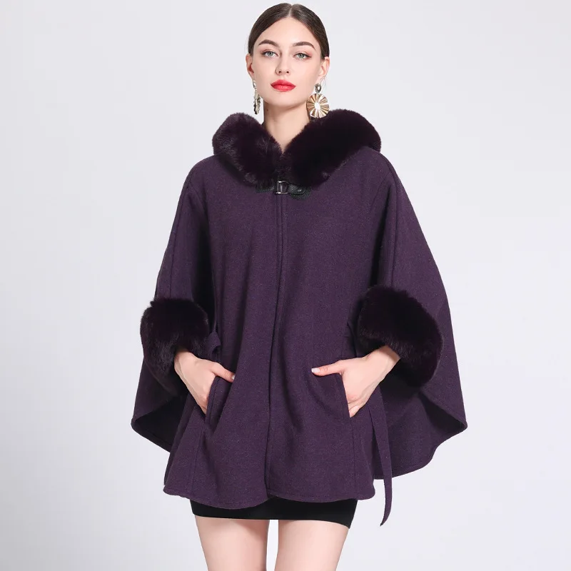 Top Trends: 3 Colors 2023 Winter Warm Faux Woolen Poncho Belt Cape Women Rabbit Fur Big Batwing Sleeves Loose Long Cloak Coat With Hat Shoppable Styles