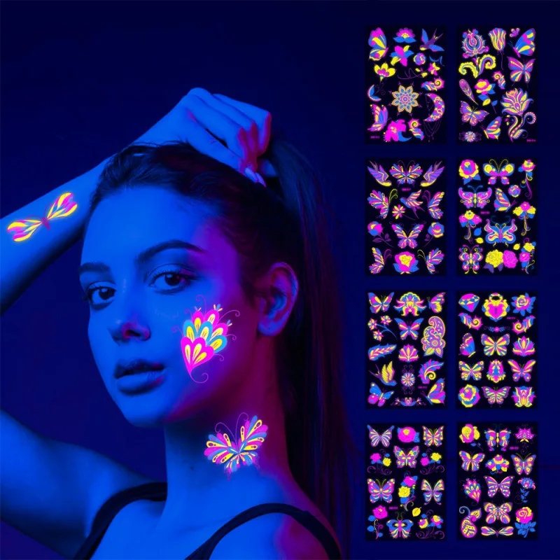 Top Trends: Fluorescent Halloween Face Tattoo Sticker Butterfly Rose Fake Tattoo Festival Masquerade Party Body Sticker Shoppable Styles