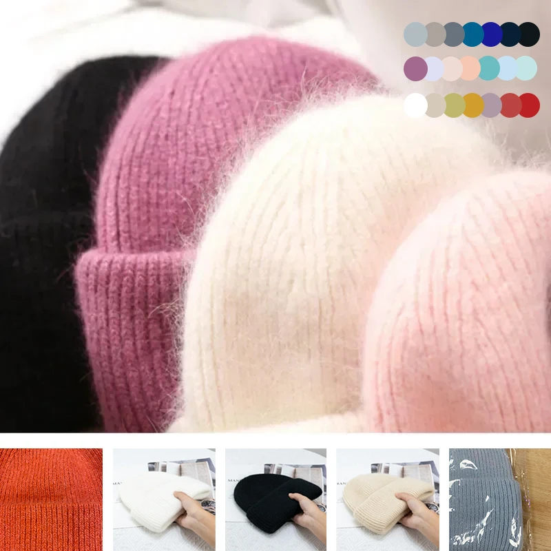 Top Trends: 24colors Angola Rabbit Fur Knitted Skullies & Beanies Women's Winter Hat 2024 Fashion Solid Warm Cashmere Wool Three Fold Thick Shoppable Styles