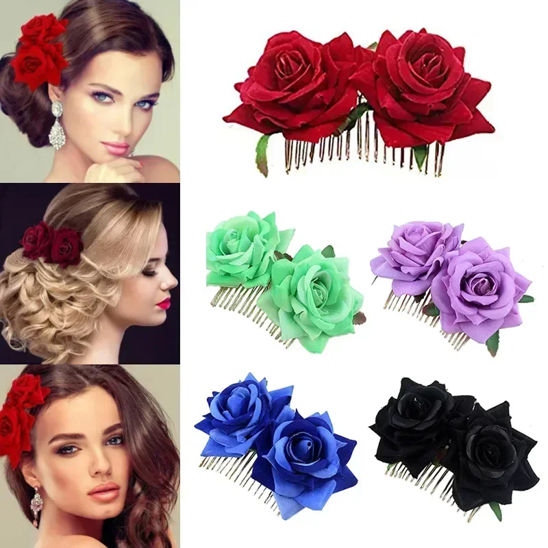 Top Trends: 1PC Romantic Fancy Double Silk Artificial Rose Flower Hair Comb Purple Red Hair Clip Wedding Bridal Lady Prom Headpiece Headwear Shoppable Styles