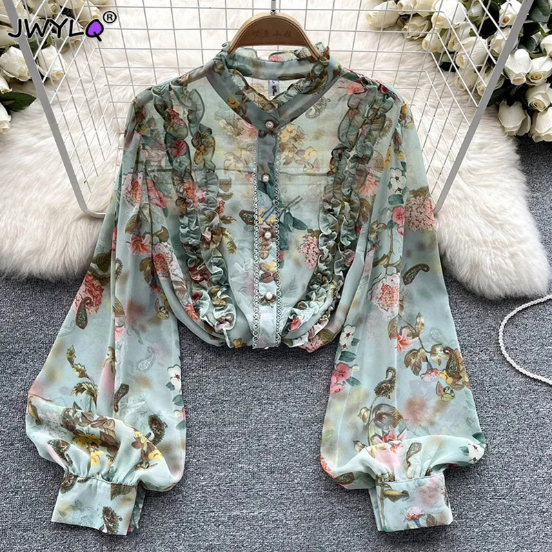 Top Trends: French Elegant Chic Ruffles Floral Print Chiffon O-neck Women's Spring Summer Blouse Shirts Lantern Sleeve Pullover Blouses 2023 Shoppable Styles