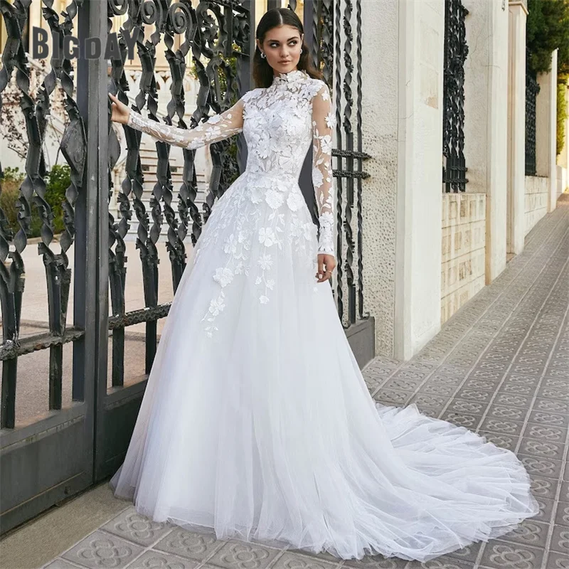 Top Trends: Elegant A-Line Wedding Dresses Women Lace Illusion Back Long Sleeve Lace High Collar Bridal Gown Sweep Train Vestidos De Noiva Shoppable Styles