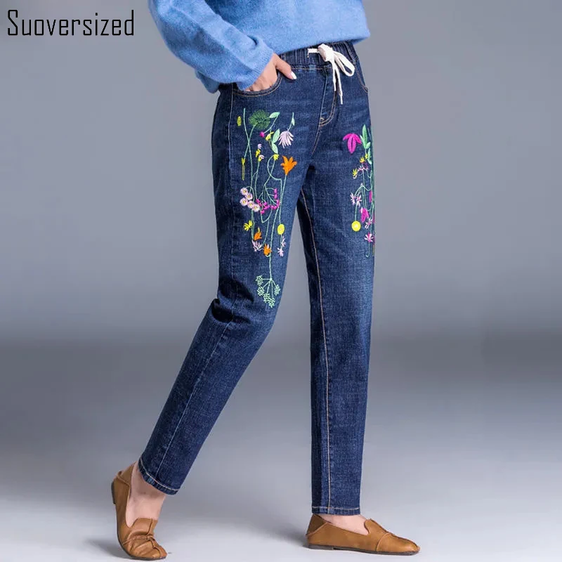 Top Trends: Lace Up Floral Embroidery Harem Jeans Women Elastic High Waist Denim Pants ChicTrouser Vaqueros Vintage Streetwear Pantalones Shoppable Styles