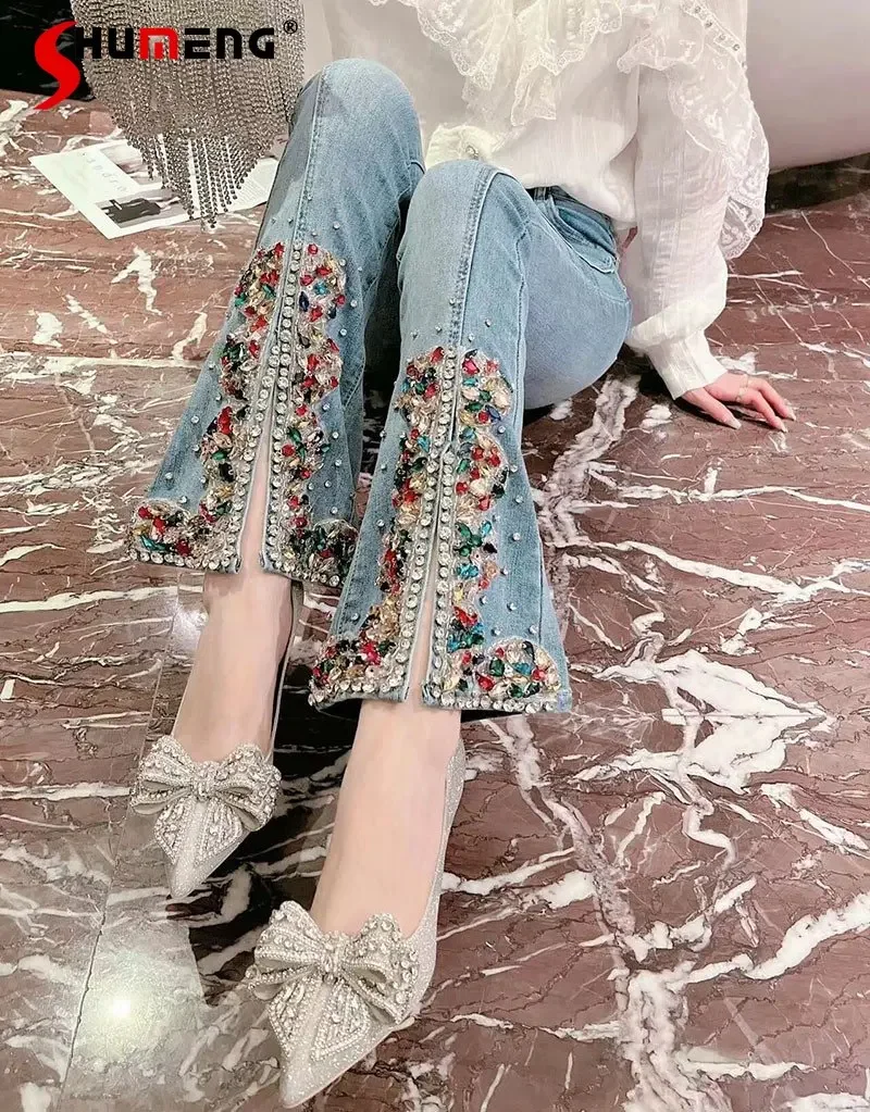 Top Trends: Flare Jeans For Women 2023 Spring New Korean Style Sweet Denim Pants Heavy Industry Colorful Crystals Slit Bootcut Trousers Shoppable Styles