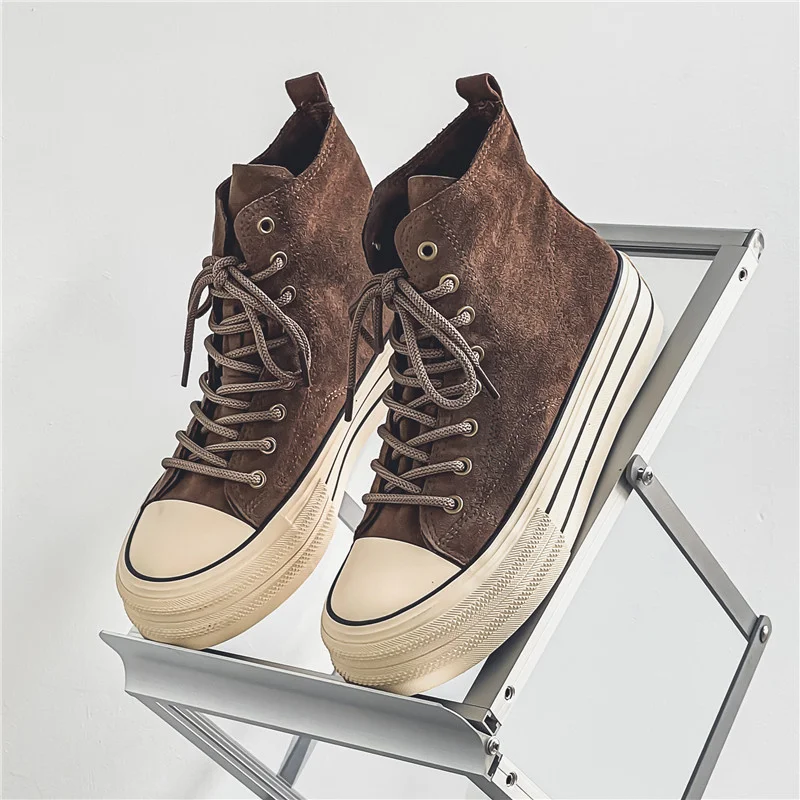 Top Trends: New Arrivals Fashion Brown Canvas Shoes For Men Platform Non-slip Men Vulcanized Shoes Lace-up Comfortable High Top Sneakers Man Shoppable Styles