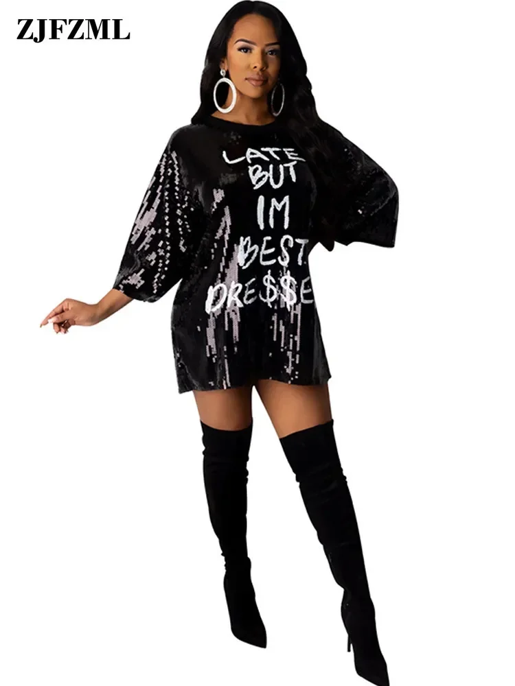 Top Trends: Letter Sequin Spliced Sexy T Shirt Dress Women O Neck Three Quarter Sleeve Short Dress High Street Female Loose Club Party Dress Shoppable Styles