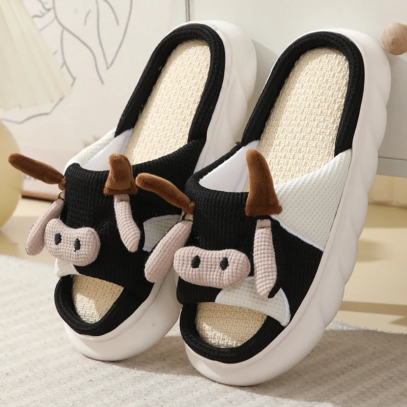 Top Trends: Funny Kawaii Cow Slippers Four Seasons Universal Indoor Home Bedroom Couple Linen Slippers Cartoon Milk Cow Cotton Linen Shoes Shoppable Styles