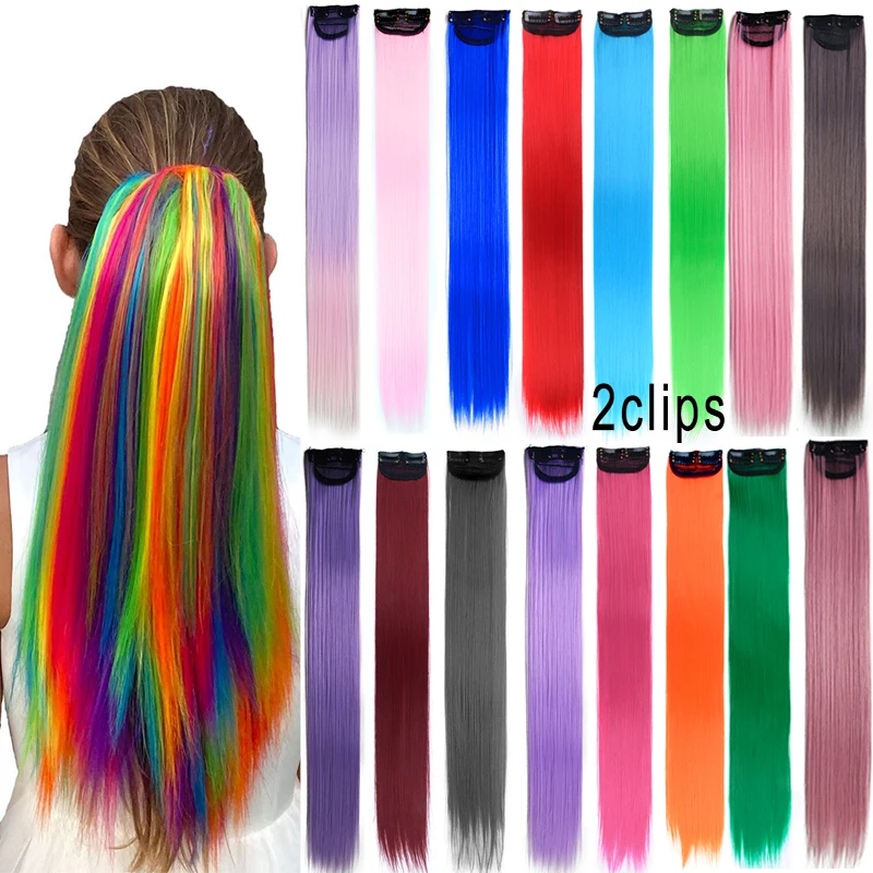 Top Trends: Straight Rainbow 2 Clips In Hair Extensions Colored Hair Synthetic Clip-in HairPiece Flase Highlight Fake Clip On Hair For Gilrs Shoppable Styles