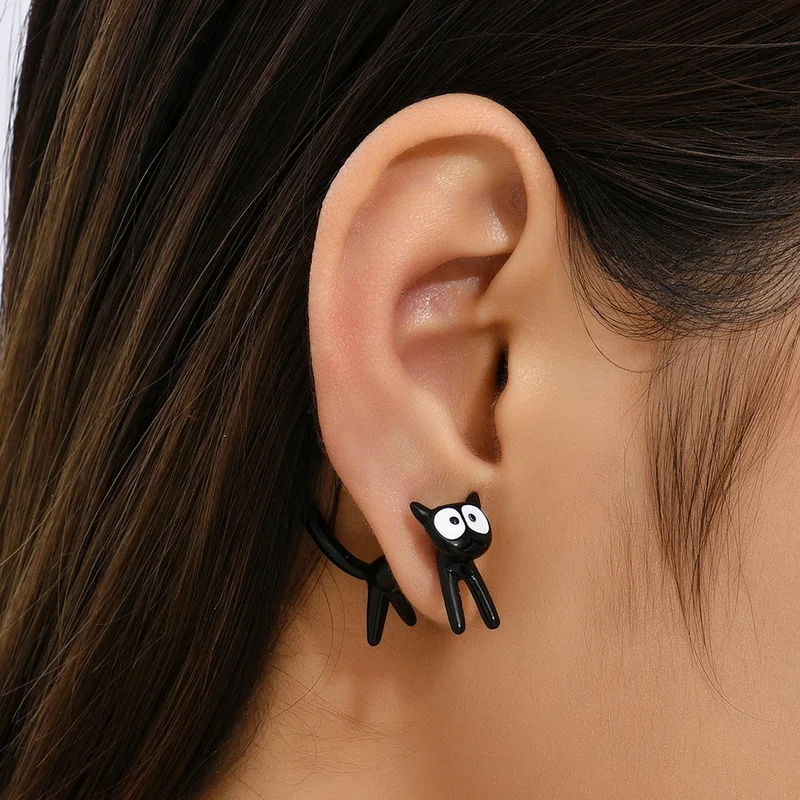 Top Trends: 1 Pair Cute Black Cat Stud Earrings For Women Front Back Animal Jewelry Punk Fashion Statement Friendship Piercing Party Gift Shoppable Styles