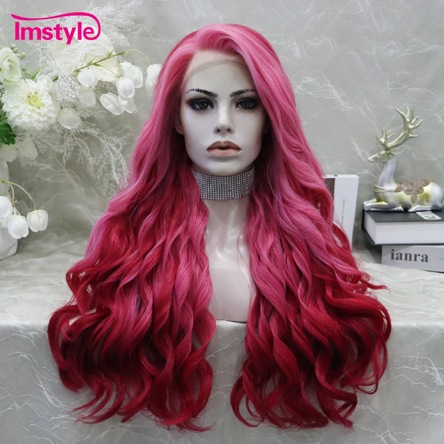 Top Trends: Imstyle Ombre Pink Wig Long Synthetic Lace Front Wig Natural Wavy Wig For Women Heat Resistant Fiber Glueless Cosplay Wigs Shoppable Styles