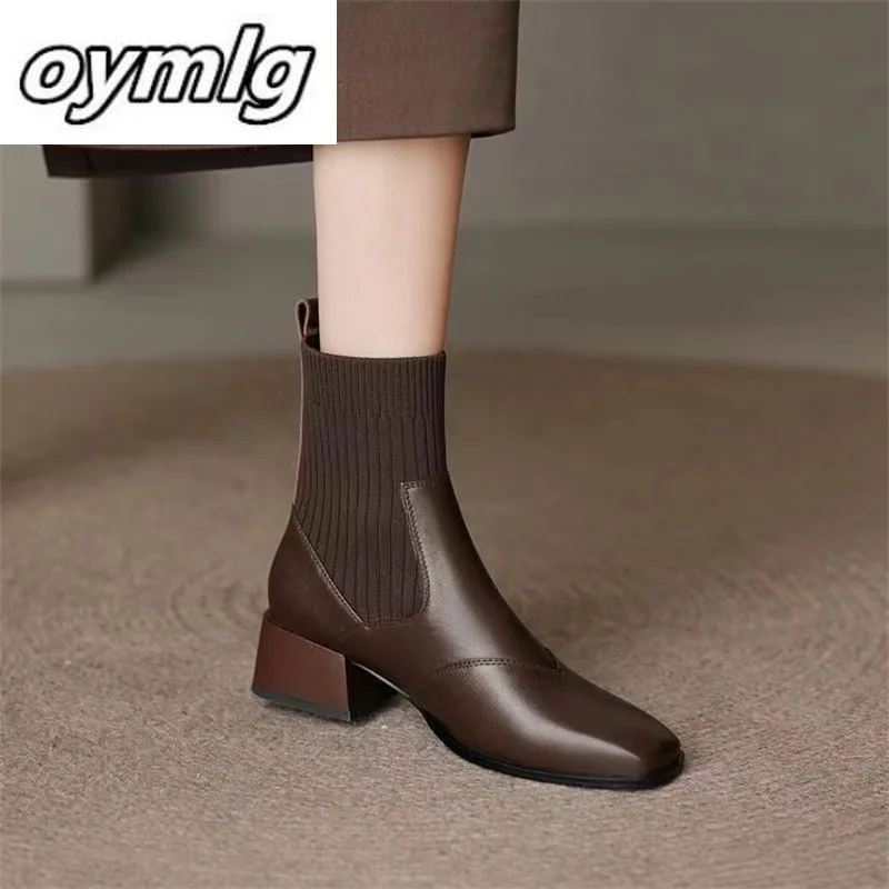 Top Trends: Short Boots Autumn Winter New Square Headed Knitted Elastic Women&#039;s Boots Fashionable And Simple Shoes Female Boots Shoppable Styles