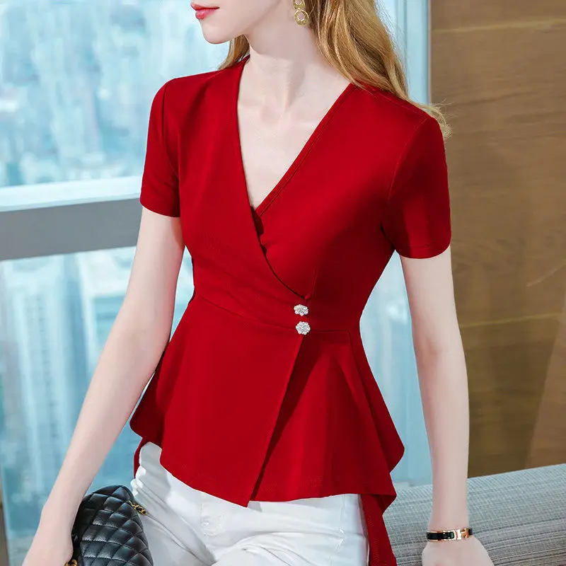 Top Trends: Office Lady Elegant Solid Summer Top Short Sleeve V-neck Irregular Hem T-shirt S-6XL Slim Pullover Shoppable Styles