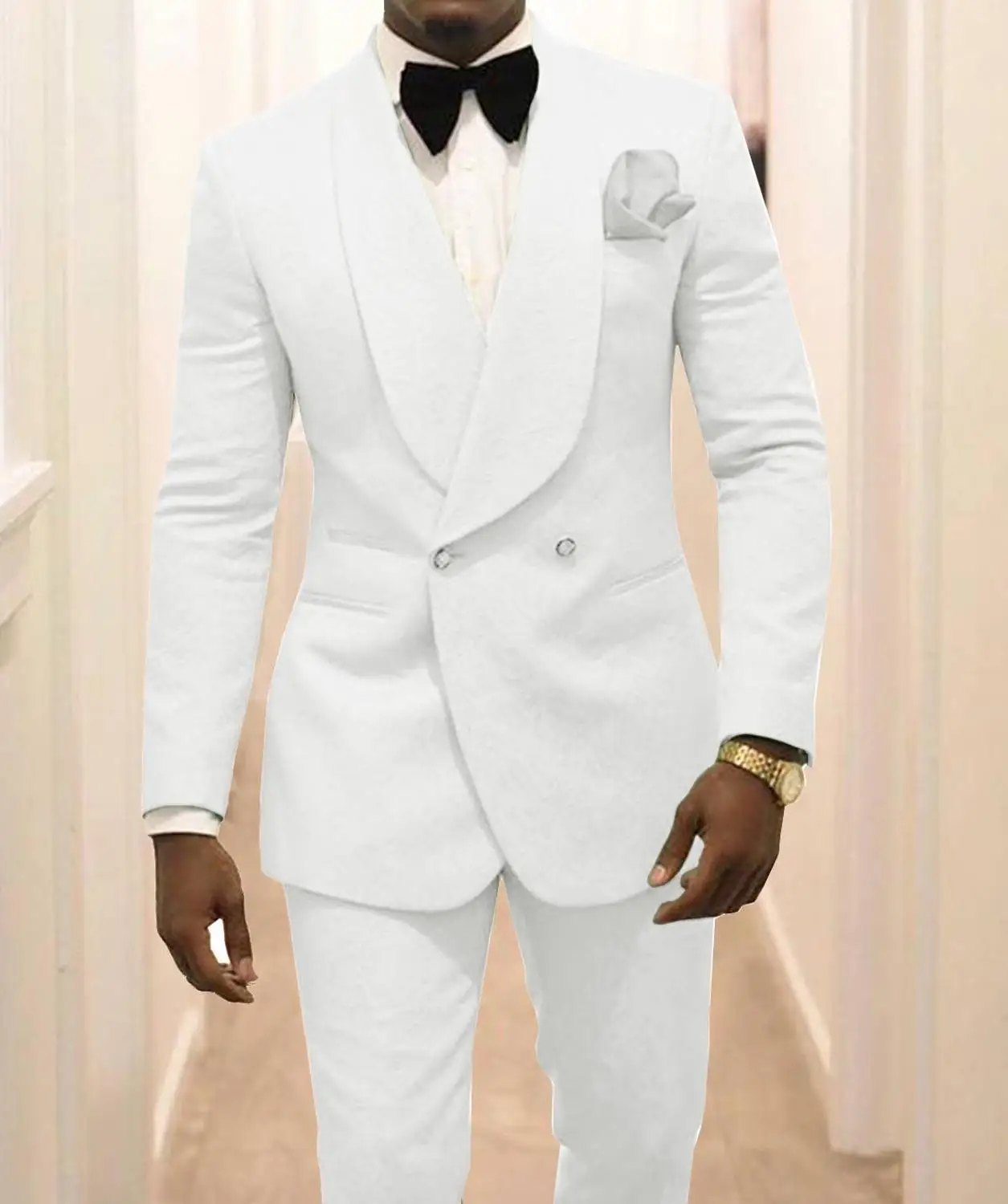 Top Trends: Custom Made Groomsmen White Pattern Groom Tuxedos Shawl Lapel Business Suits Wedding Best Man Costume Homme 2PCS( Jacket+ Pants ) Shoppable Styles