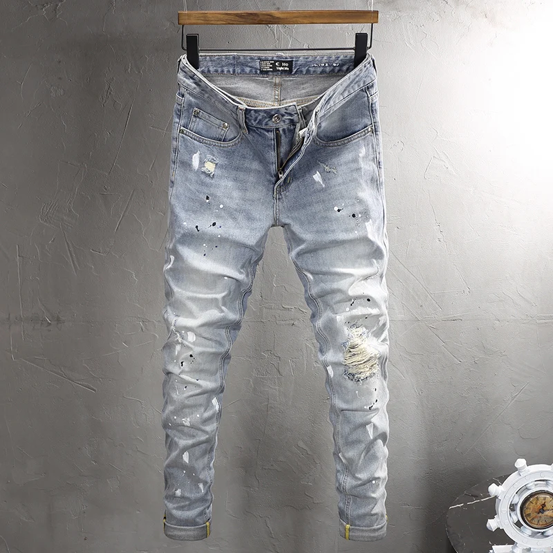 Top Trends: Street Fashion Men Jeans Retro Light Blue Elastic Stretch Slim Fit Ripped Jeans Men Painted Designer Hip Hop Denim Pants Hombre Shoppable Styles