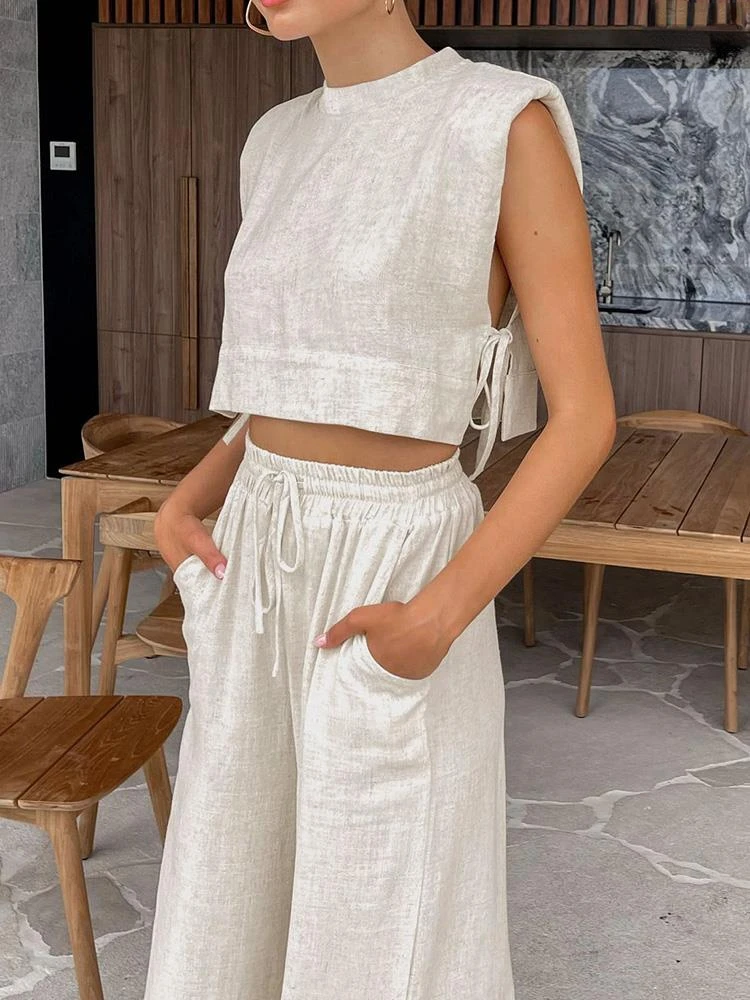 Top Trends: Women Holiday Linen Pant Set Crop Tops Solid Outfits 2 Two Piece Matching Set For Women Sleeveless Casuals Fashion Summer 2023 Shoppable Styles