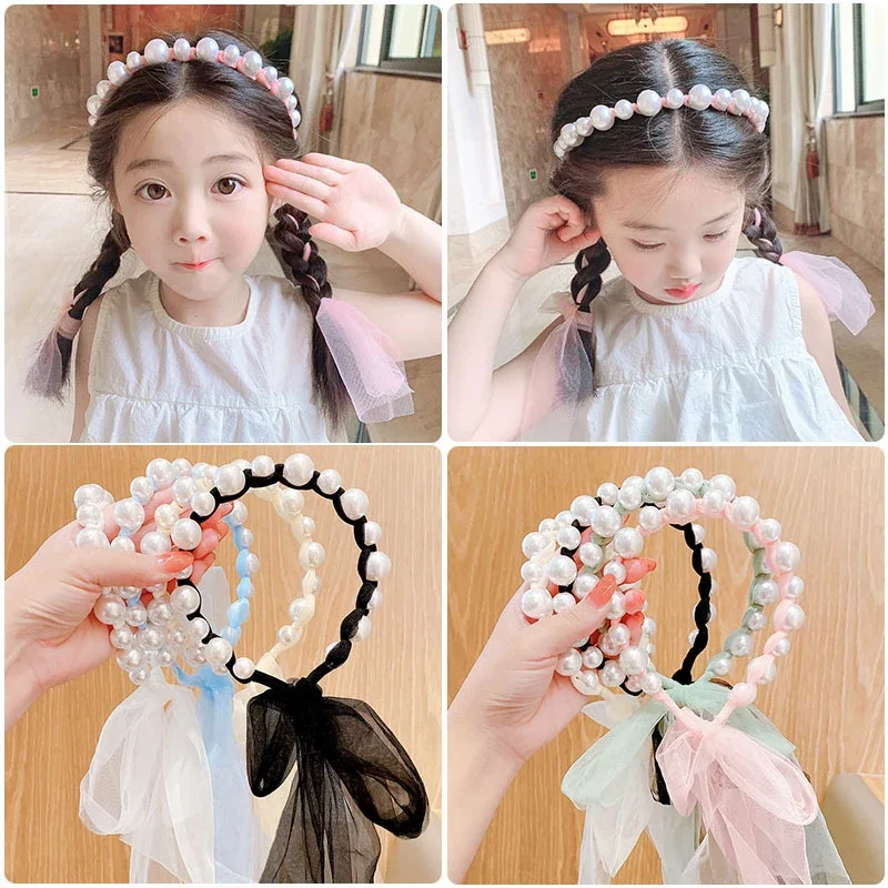 Top Trends: Children Pearl Streamer Headbands Princess Solid Organza Braided Bowknot Hairbands For Baby Girls Hair Hoops Hair Accessories Shoppable Styles