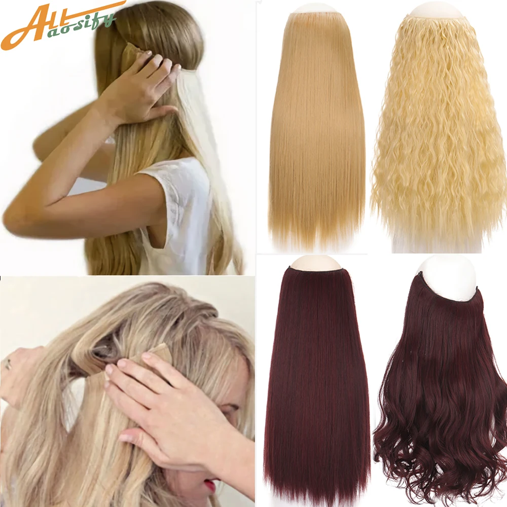 Top Trends: Allaosify Synthetic Hair Extensions 24" Invisible Wire No Clip In Hair Extensions Secret Fish Line Straight Curly Wig Accessorie Shoppable Styles