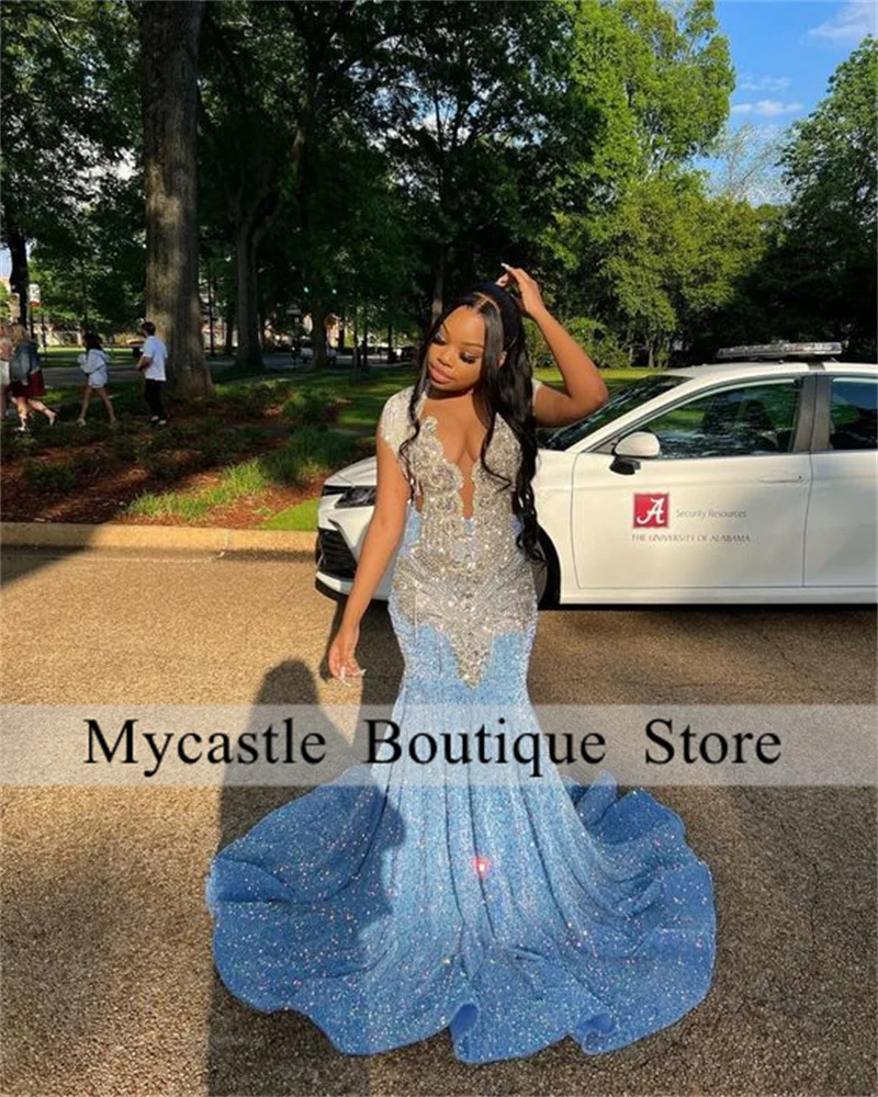 Top Trends: Blue Sequins Mermaid Silver Mermaid Prom Dresses 2024 For Black Girl Beaded Wedding Evening Dress Sheer Mesh Vestido Shoppable Styles