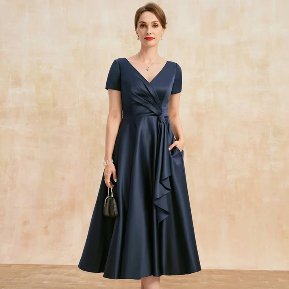 Top Trends: Simple Mother Of The Bride Dresses V-Neck A-Line Short Sleeve Pleat Ruffles Tea-Length Mom Prom Gown For Wedding With Pockets Shoppable Styles