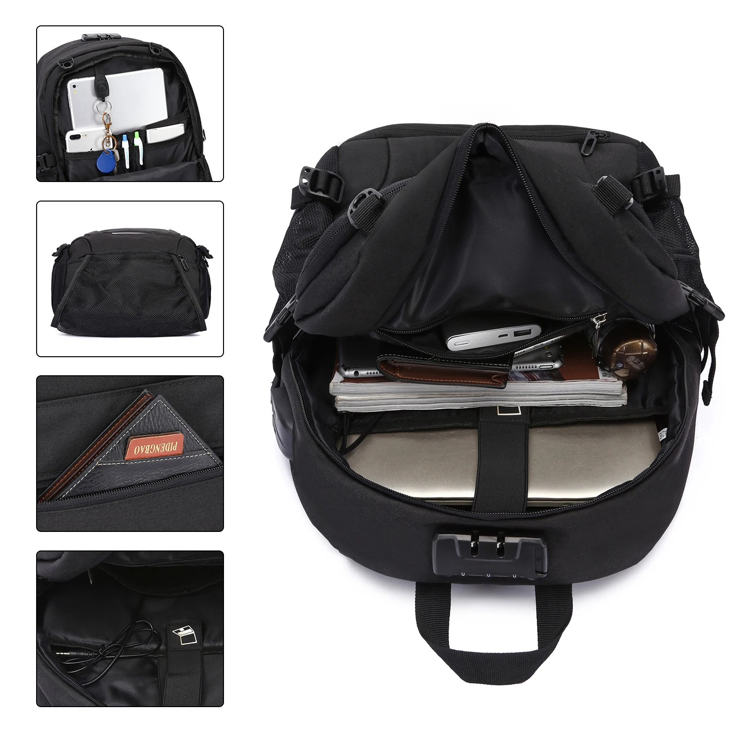 Top Trends: Neutral Waterproof Backpack With Anti-theft Password Lock, Reflective Strip, Basketball Net Pocket, USB And Headphone Interface Shoppable Styles - Image 4