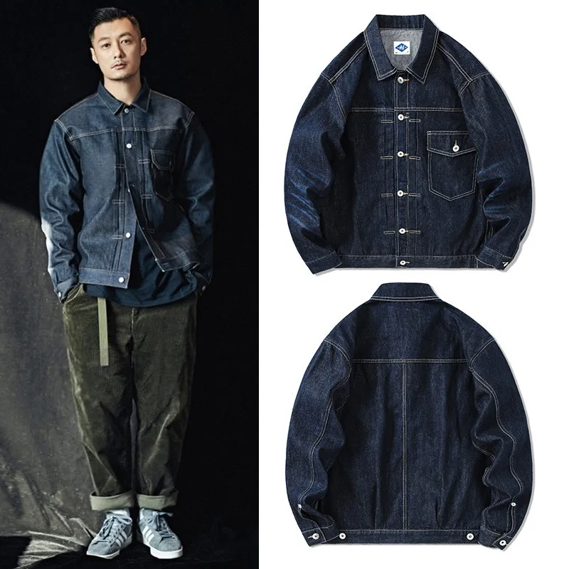 Top Trends: Tide Brand Dark Blue Denim Jacket Men's Casual Retro Jeans Jacket American Cargo Coats Chest Pocket Lapel Streetwear Punk Simple Shoppable Styles