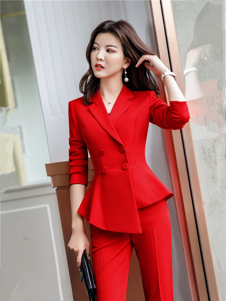 Top Trends: Women Red Blazer Slim Spring Autumn New Elegant Office Lady Work Suit Ruffled Double Breasted Blazer Solid Dushicolorful Shoppable Styles