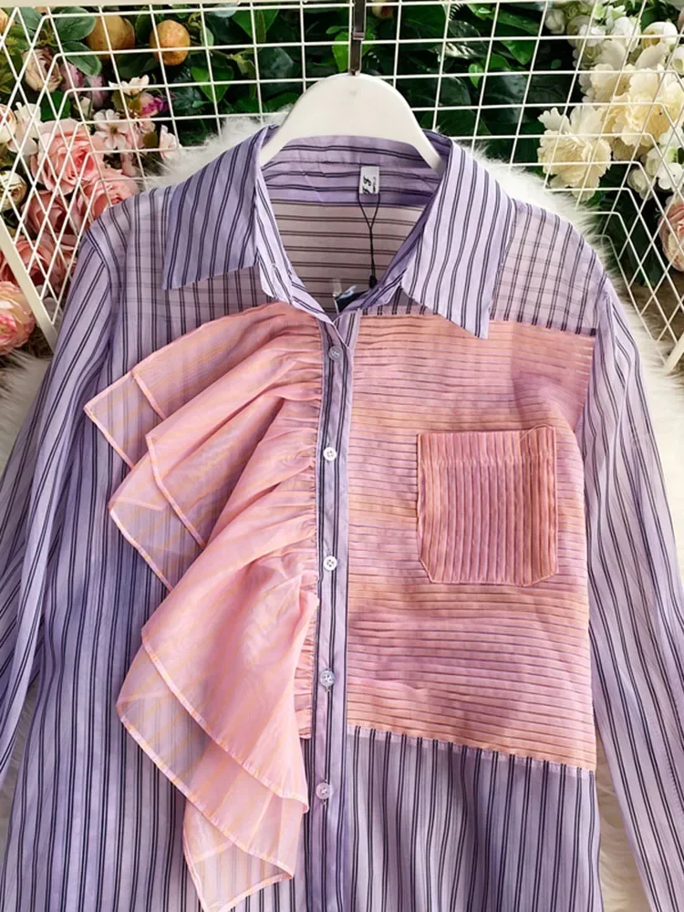 Top Trends: 2023 Spring Summer New Fashion Striped Shirt Women's Ruffled Loose Thin Long Sleeve Shirt Tops Blouse UK438 Shoppable Styles - Image 4