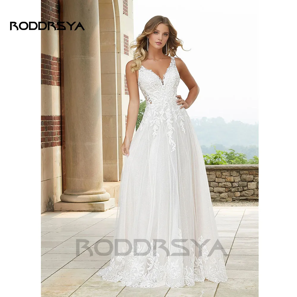 Top Trends: RODDRSYA Boho Elegant Wedding Dresses For Women 2023 V-Neck Lace Appliques Shiny Tulle Vestidos De Novia Backless With Button Shoppable Styles