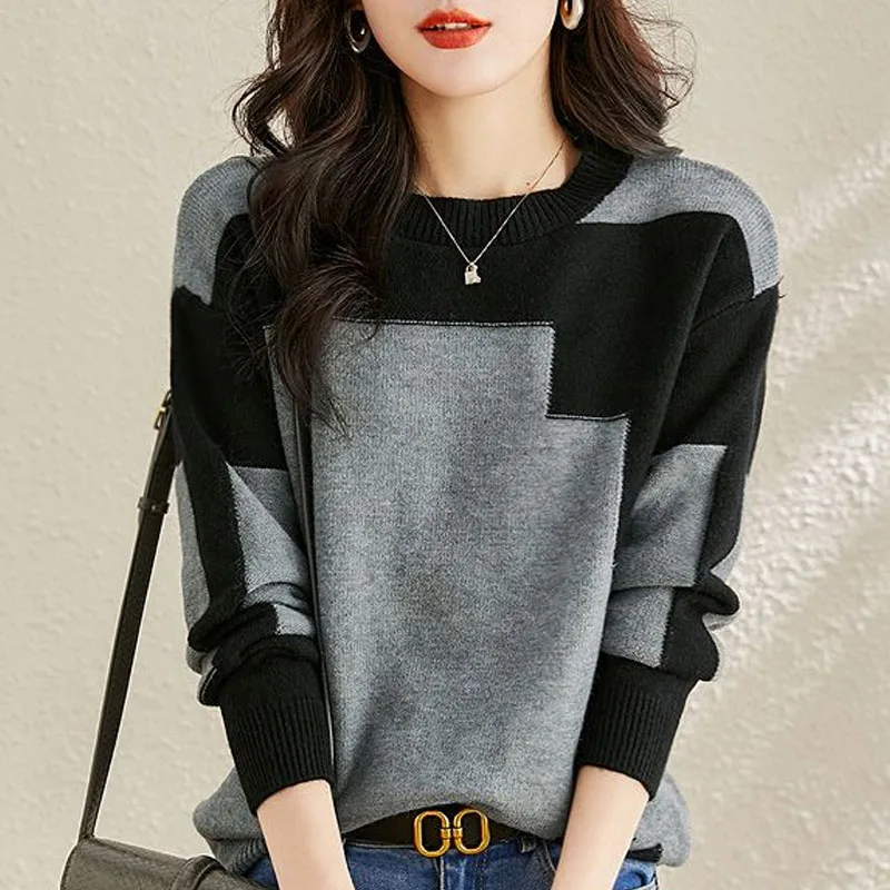 Top Trends: New Autumn And Winter Fashion Trend Round Neck Contrast Colorful And Fashionable Loose Size Versatile Women&#039;s Knitted Sweater Shoppable Styles