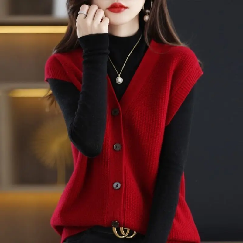 Top Trends: Women&#039;s 2023 Autumn Winter New V-neck Solid Color Knitted Cardigan Button Korean Loose All Match Sleeveless Sweater Vest Tops Shoppable Styles