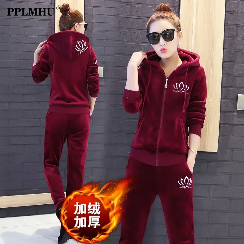 Top Trends: Autumn Winter Thick Embroidery Velvet Tracksuit Two Piece Set Women Outfit Casual Zipper Hooded Velour Sweatshirt And Pants Suit Shoppable Styles