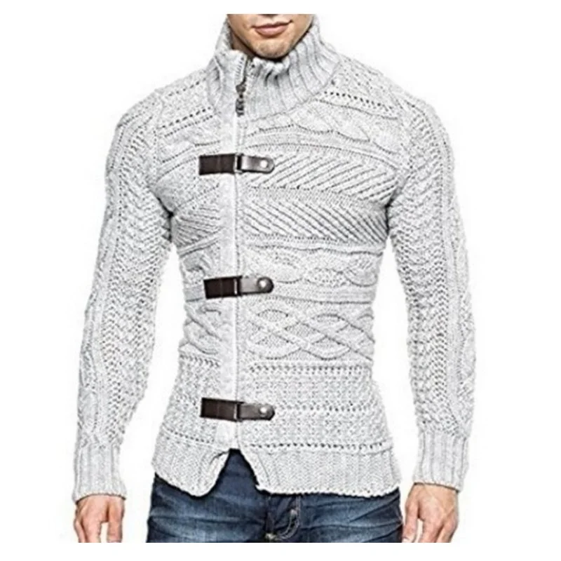 Top Trends: Men's High Collar 3 Leather Buckle Long-sleeved Knitted Tops For Autumn And Winter New Slim Zipper Cardigan Jacket Men Shoppable Styles