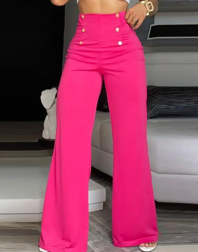 Top Trends: Summer Pants Women Button Decor High Waist Wide Leg Pants Elegant Loose Trousers Korean Fashion Streetwear Shoppable Styles