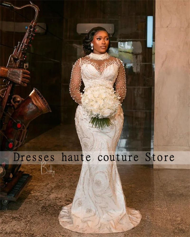 Top Trends: African White Mermaid Wedding Dresses 2024 For Women Elegant Pearls Sheer Sleeves Bridal Gowns Lace Vestido De Novia Shoppable Styles