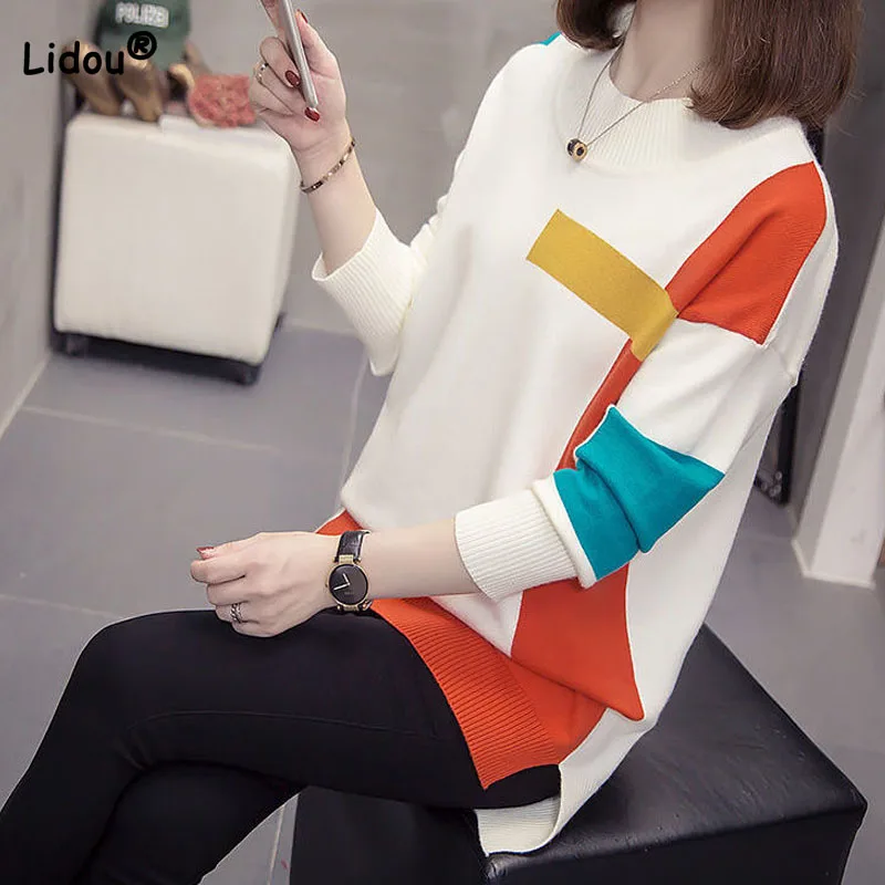 Top Trends: Autumn Winter Women's Patchwork Fashion Sweaters New Casual All-match Long Sleeve Round Neck Knitted Pullovers Female Clothing Shoppable Styles