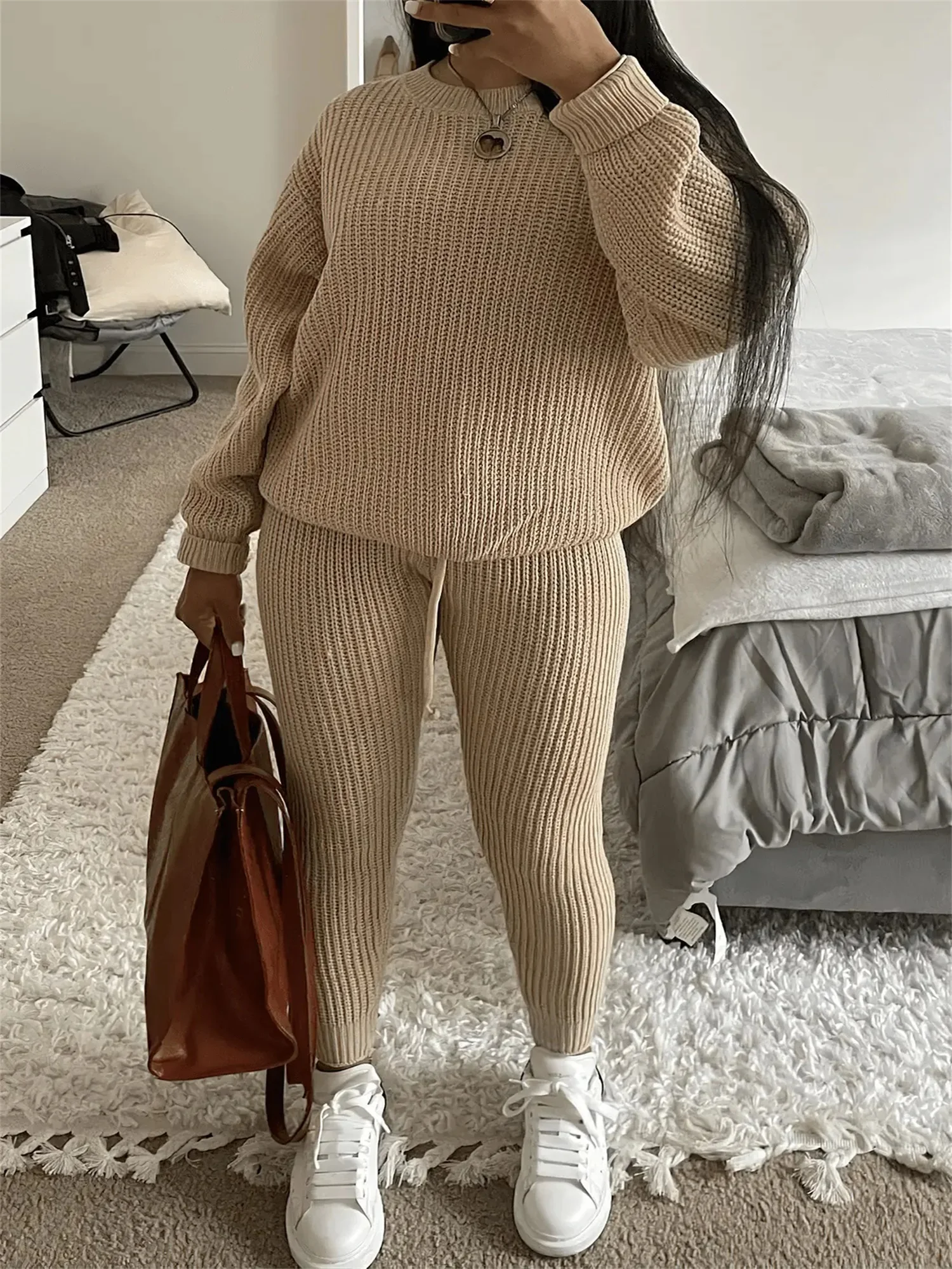 Top Trends: LW Plain Knitted Pants Set Winter Autumn 2pcs Dropped Shoulder Crew Neck Pullover Top & Bandage Skinny Drawstring Trousers Shoppable Styles