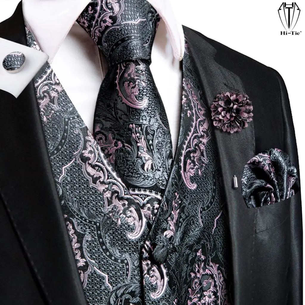 Top Trends: Hi-Tie High Quality Silk Mens Vests Pink Gray Floral Waistcoat Tie Hanky Cufflinks Brooch Set For Men Suit Wedding Office Gift Shoppable Styles