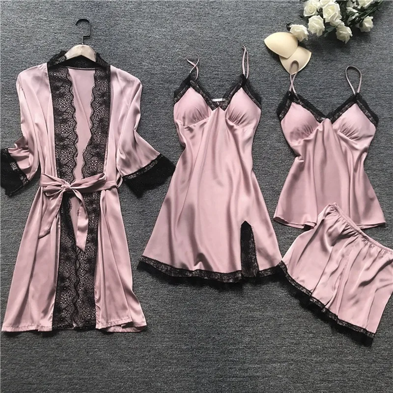 Top Trends: 2023 Women Pajamas Sets Satin Sleepwear Silk 4 Pieces Nightwear Pyjama Strap Lace Sleep Lounge Pajama With Chest Pads Gifts Shoppable Styles