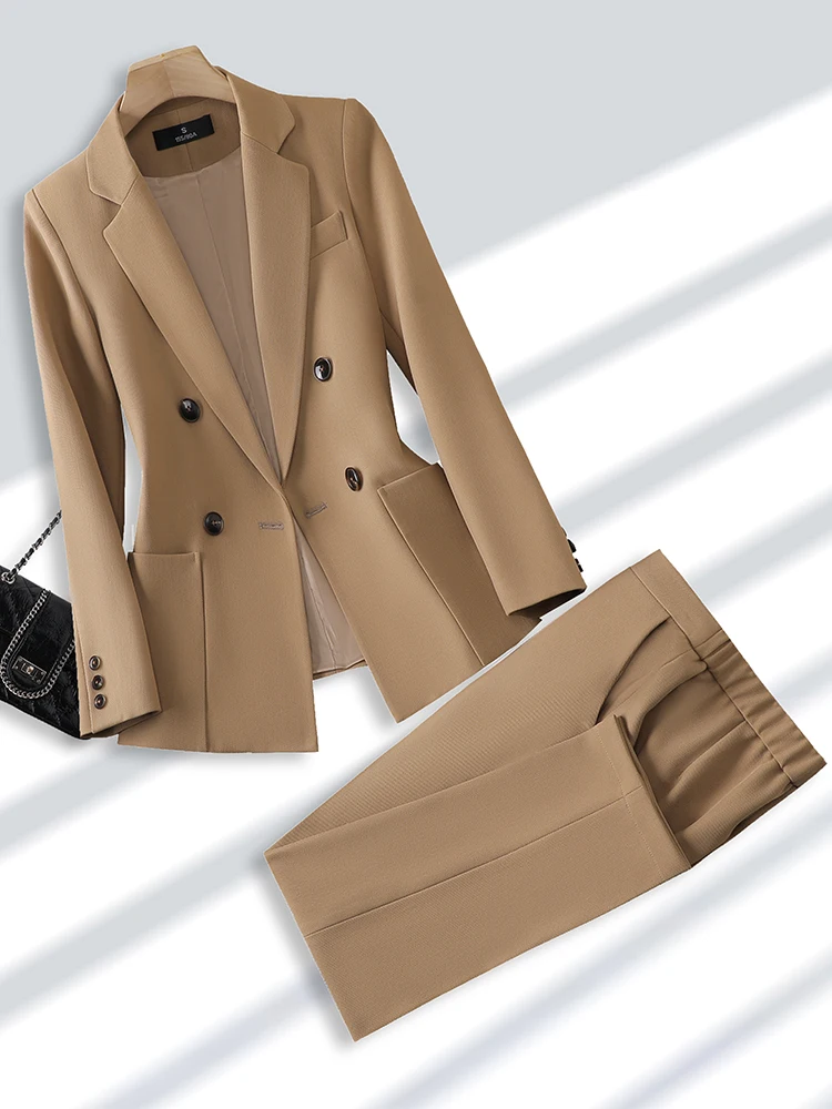 Top Trends: Fashion Ladies Pant Suit Formal Women Office Business Work Wear Blazer And Trouser Beige Black Khaki 2 Piece Set With Pocket Shoppable Styles