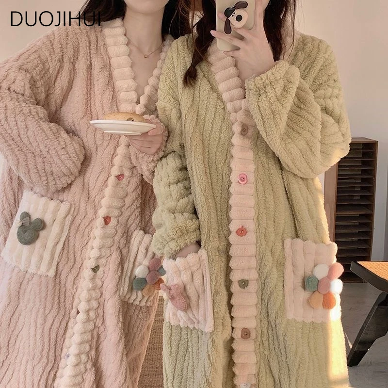 Top Trends: DUOJIHUI Winter Sweet Chic Single Breasted Loose Robe For Women New Basic V-neck Simple Casual Fashion Pocket Female Sleepwear Shoppable Styles