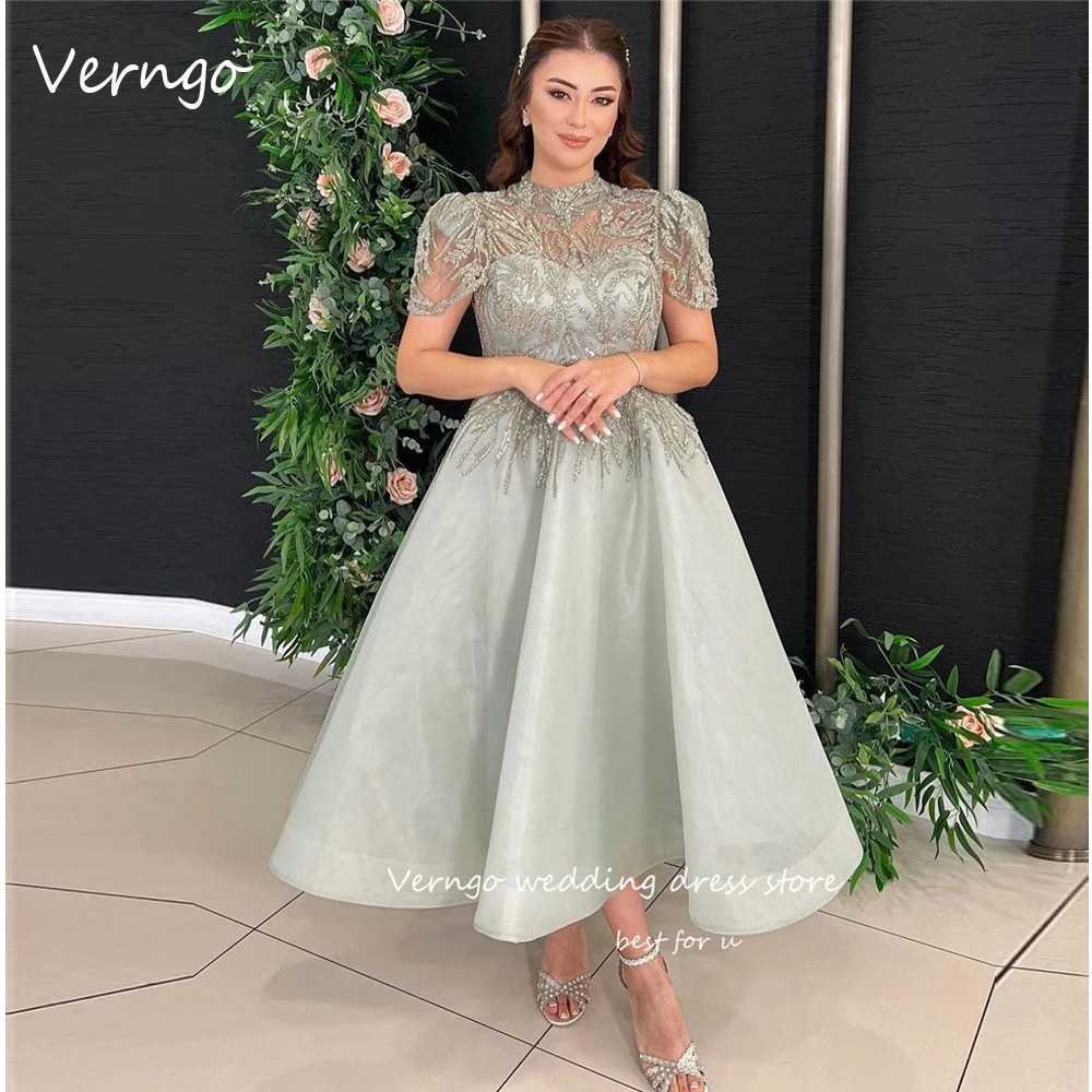 Top Trends: Verngo Delicate Lace Beads Dubai Arabic Women Prom Dresses High Neck Short Sleeves Organza Tea Length Formal Party Gowns Evening Shoppable Styles