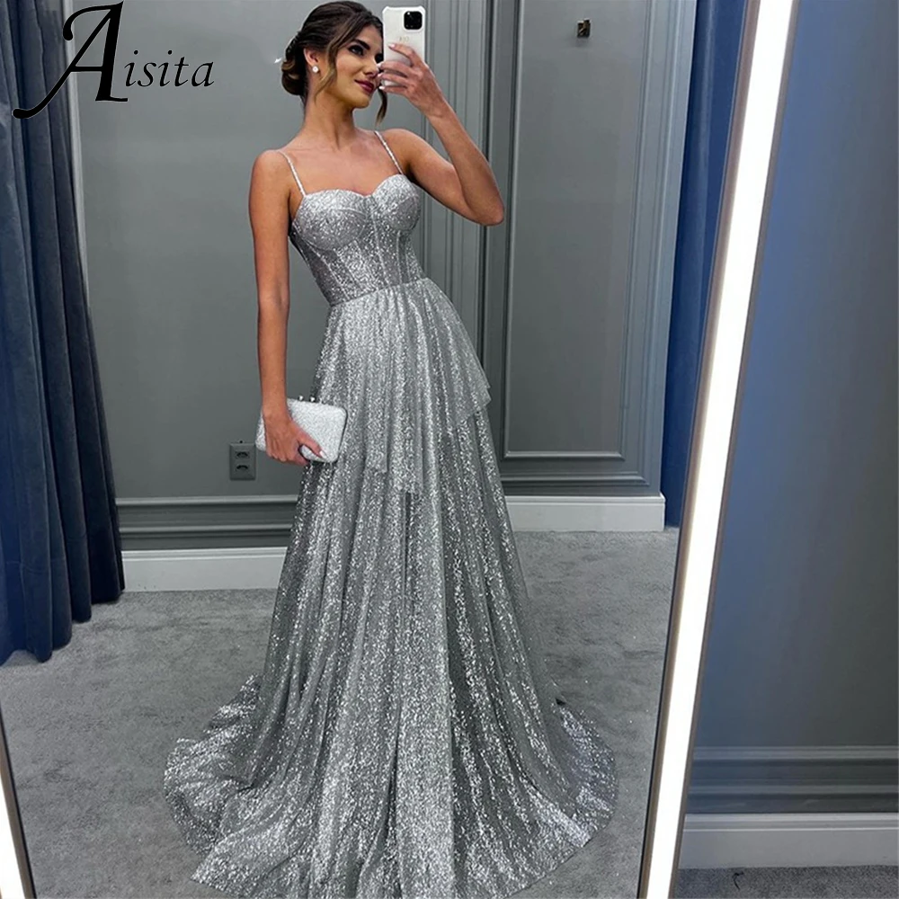 Top Trends: Sexy Glitter Prom Dresse Spaghetti Strap Sweetheart Prom Gown Sequin Silvery A-Line Formal Party Dress فساتين مناسبة رسمية Shoppable Styles