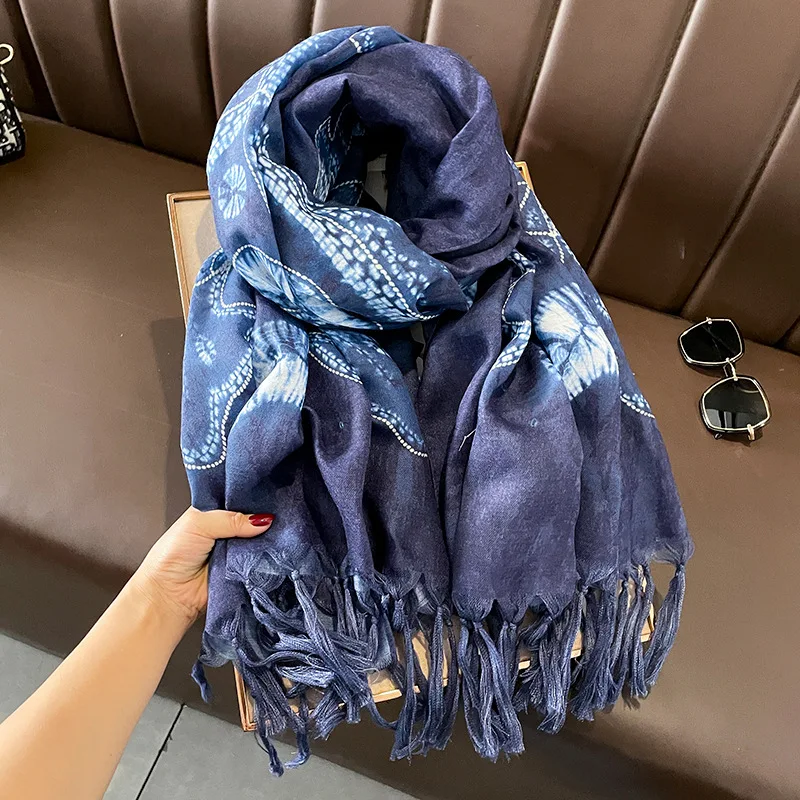 Top Trends: African Indian Navy Blue Floral Tassel Viscose Scarf High Quality Print Shawls And Wraps Pashmina Stole Long Soft Muslim Hijab Shoppable Styles - Image 2