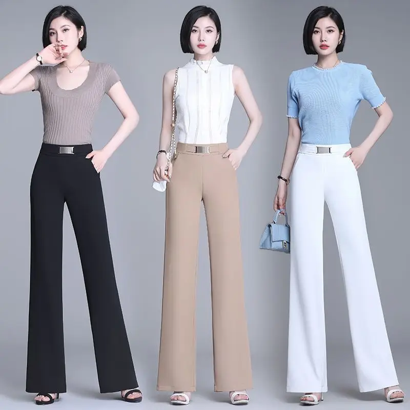 Top Trends: Office Lady Korean Fashion Loose Wide Leg Suits Pants Women Spring Summer Thin Solid High Waist Elastic Casual Straight Trousers Shoppable Styles